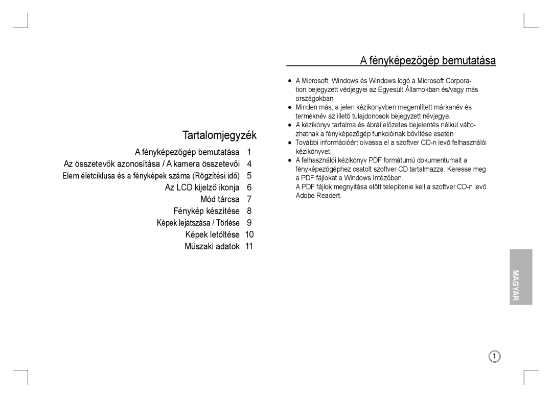 Samsung EC-S1060B01KFR manual Tartalomjegyzék, Fényképezőgép bemutatása, Az összetevők azonosítása / a kamera összetevői 