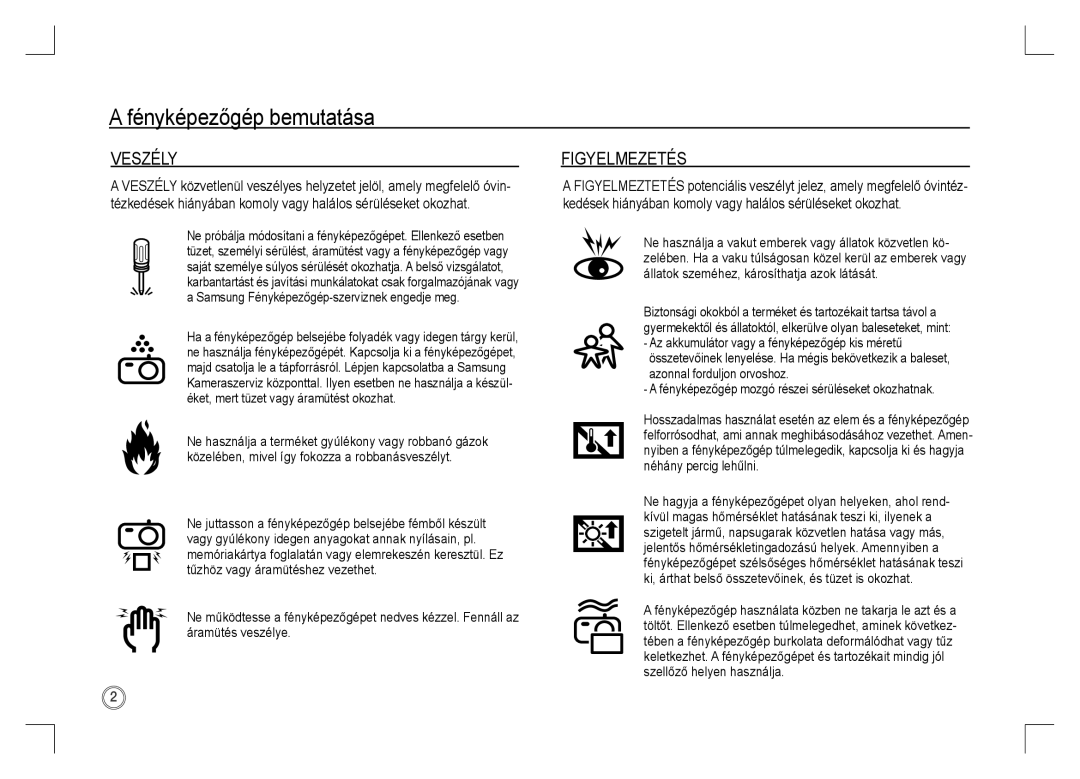 Samsung EC-S1060BBA/FR, EC-S1060BDA/E3 manual Veszély, Figyelmezetés, Fényképezőgép mozgó részei sérüléseket okozhatnak 