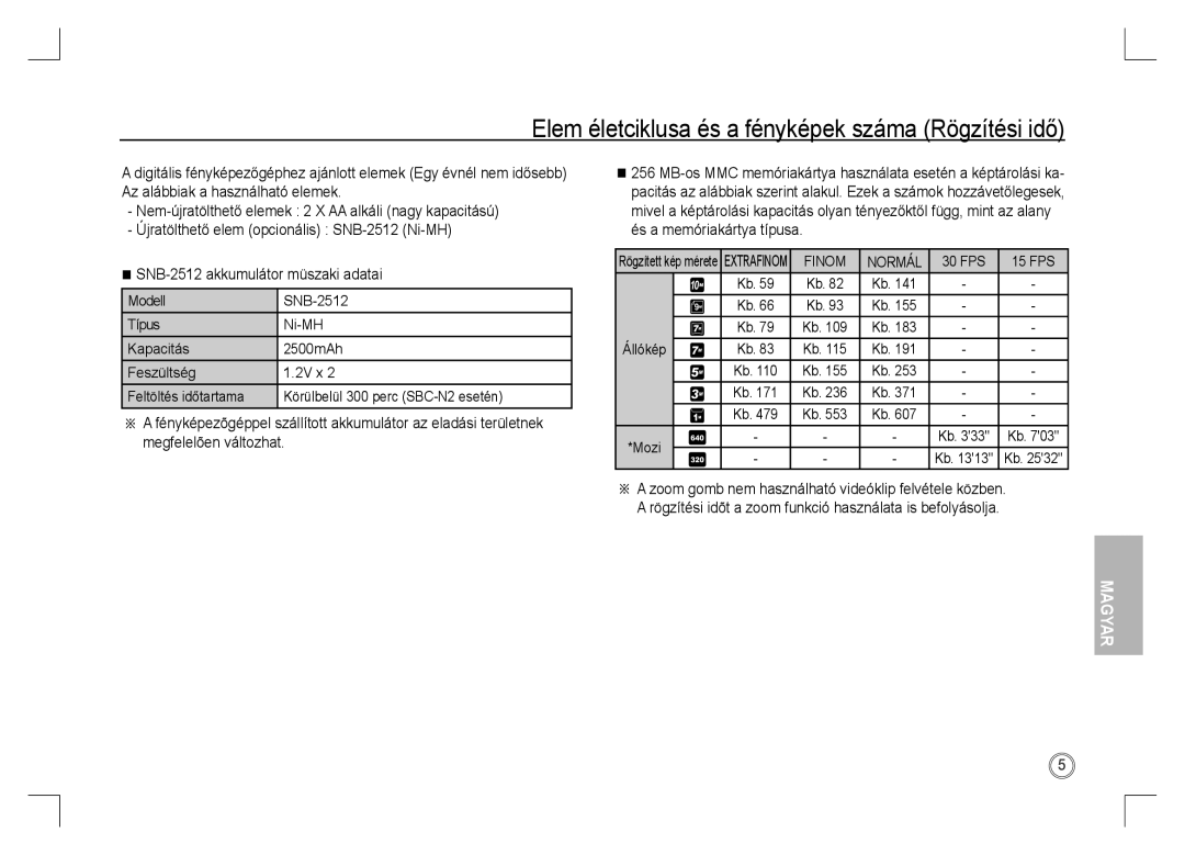 Samsung EC-S1060SBA/IT, EC-S1060BDA/E3, EC-S1060SDA/E3 Elem életciklusa és a fényképek száma Rögzítési idő, Finom Normál 