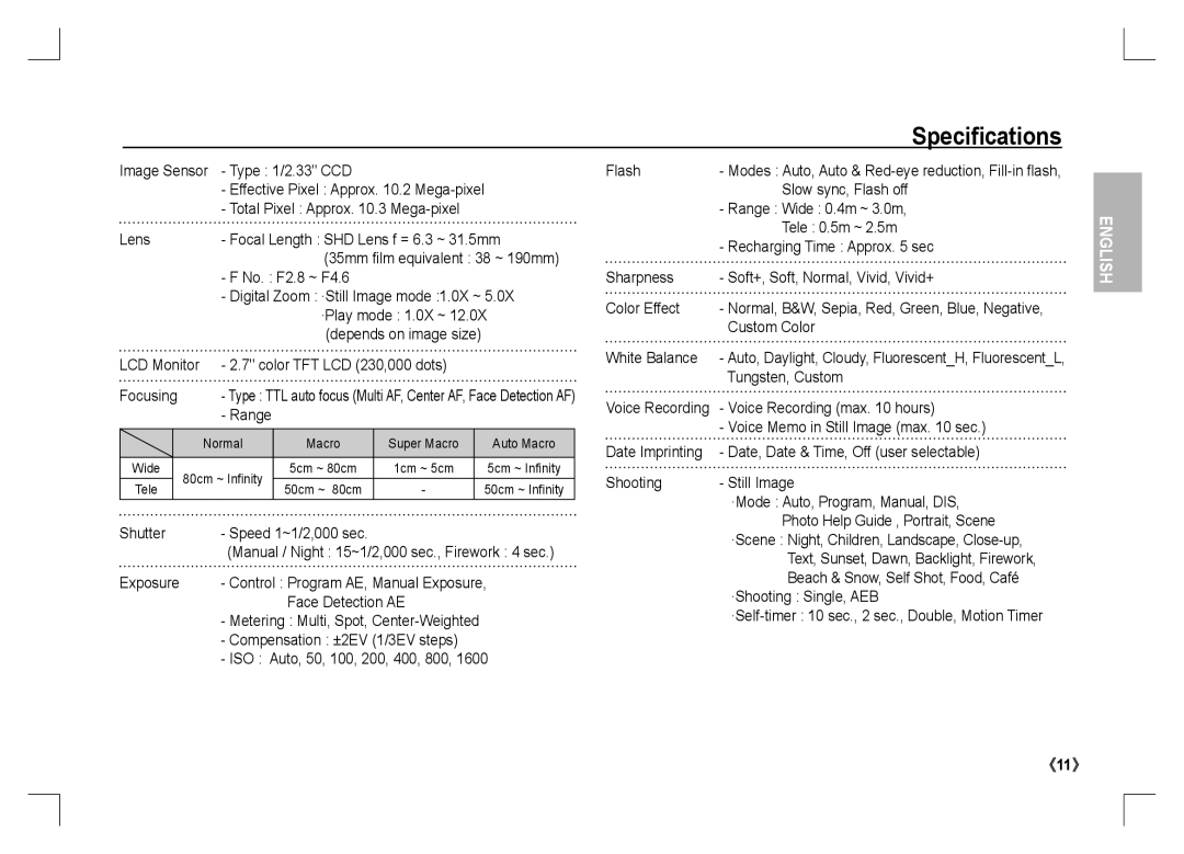 Samsung EC-S1060BBA/IT, EC-S1060BDA/E3, EC-S1060SDA/E3, EC-S1060SBA/E2, EC-S1060S01KFR, EC-S1060BBA/E2 manual Speciﬁcations 