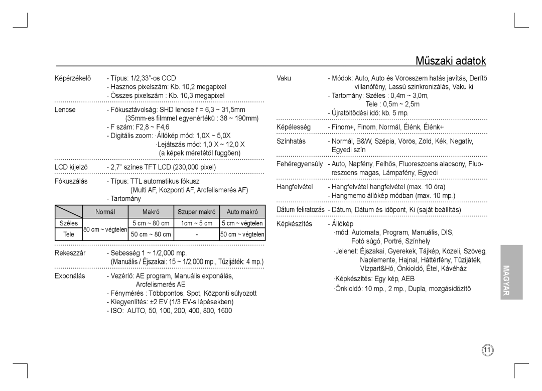 Samsung EC-S1060SBB/AS, EC-S1060BDA/E3, EC-S1060SDA/E3, EC-S1060SBA/E2, EC-S1060S01KFR, EC-S1060BBA/E2 manual Műszaki adatok 