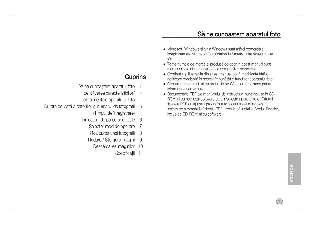 Samsung EC-S1060SBA/RU manual Cuprins, Să ne cunoaştem aparatul foto, Durata de viaţă a bateriilor şi numărul de fotograﬁi 