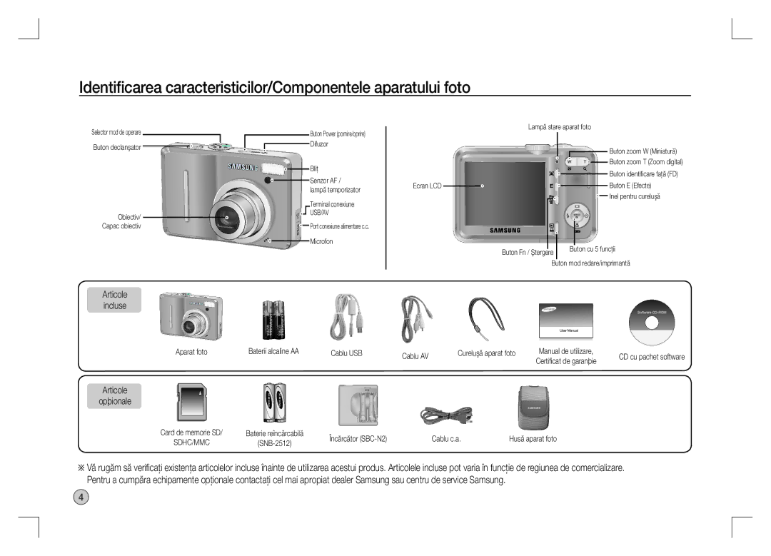 Samsung EC-S1060BBA/LV, EC-S1060BDA/E3 Identiﬁcarea caracteristicilor/Componentele aparatului foto, Articole Opþionale 