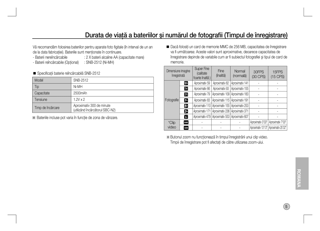 Samsung EC-S1060SBA/LV Baterii reîncărcabile Opţional SNB-2512 Ni-MH, Speciﬁcaţii baterie reîncărcabilă SNB-2512, Video 