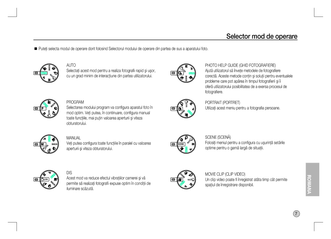 Samsung EC-S1060SDA/E3, EC-S1060BDA/E3 manual Selector mod de operare, Portrait Portret, Scene Scenã, Movie Clip Clip Video 