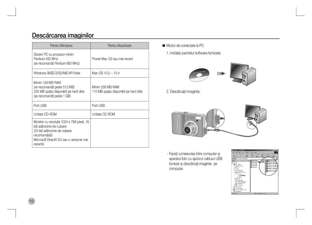 Samsung EC-S1060BBA/E2 manual Descărcarea imaginilor, Minim 128 MB RAM Se recomandă peste 512 MB Minim 256 MB RAM, Recentã 