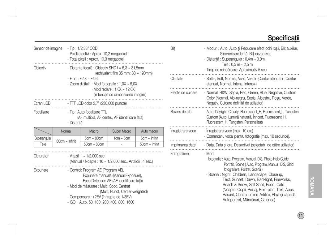 Samsung EC-S1060SBA/FR, EC-S1060BDA/E3, EC-S1060SDA/E3, EC-S1060SBA/E2, EC-S1060S01KFR, EC-S1060BBA/E2 manual Speciﬁcaţii 