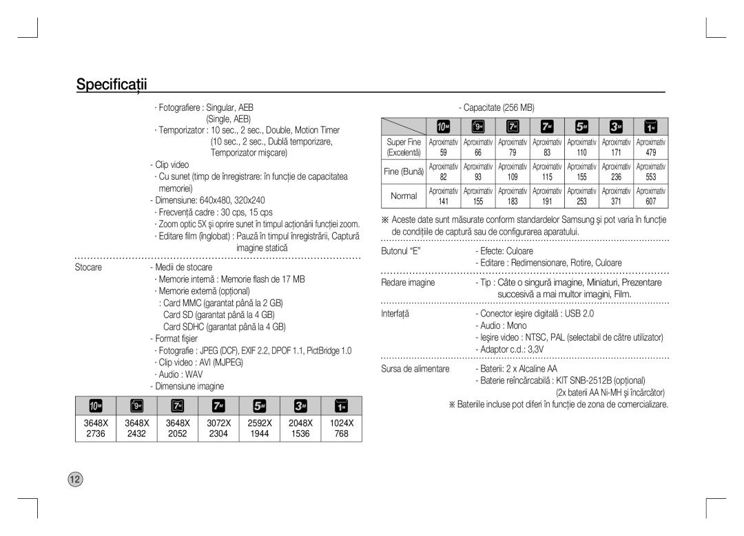 Samsung EC-S1060B01KFR manual Imagine statică, Format ﬁşier, · Clip video AVI Mjpeg · Audio WAV Dimensiune imagine 