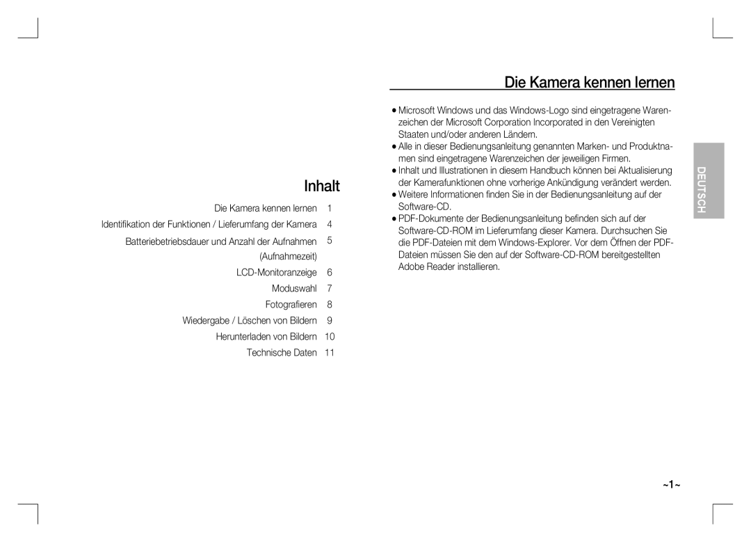 Samsung EC-S1060BBA/VN, EC-S1060BDA/E3 Inhalt, Die Kamera kennen lernen, Batteriebetriebsdauer und Anzahl der Aufnahmen 