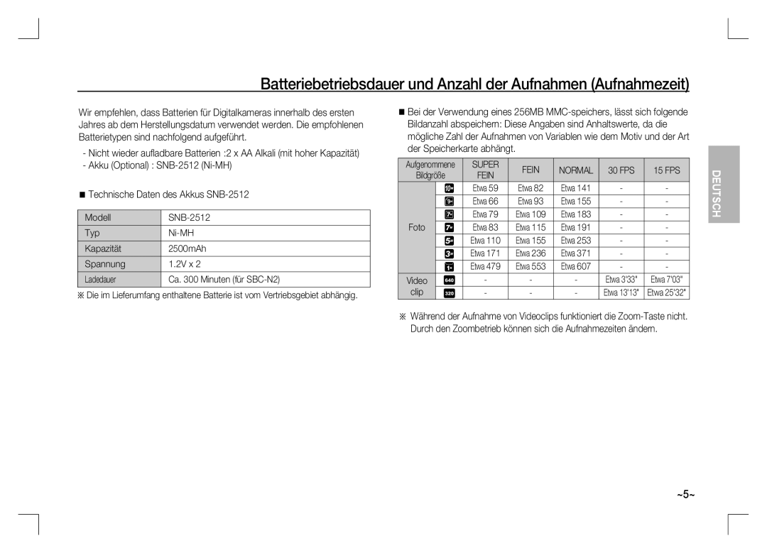 Samsung EC-S1060SBA/RU, EC-S1060BDA/E3 manual Batteriebetriebsdauer und Anzahl der Aufnahmen Aufnahmezeit, FPS 15 FPS 