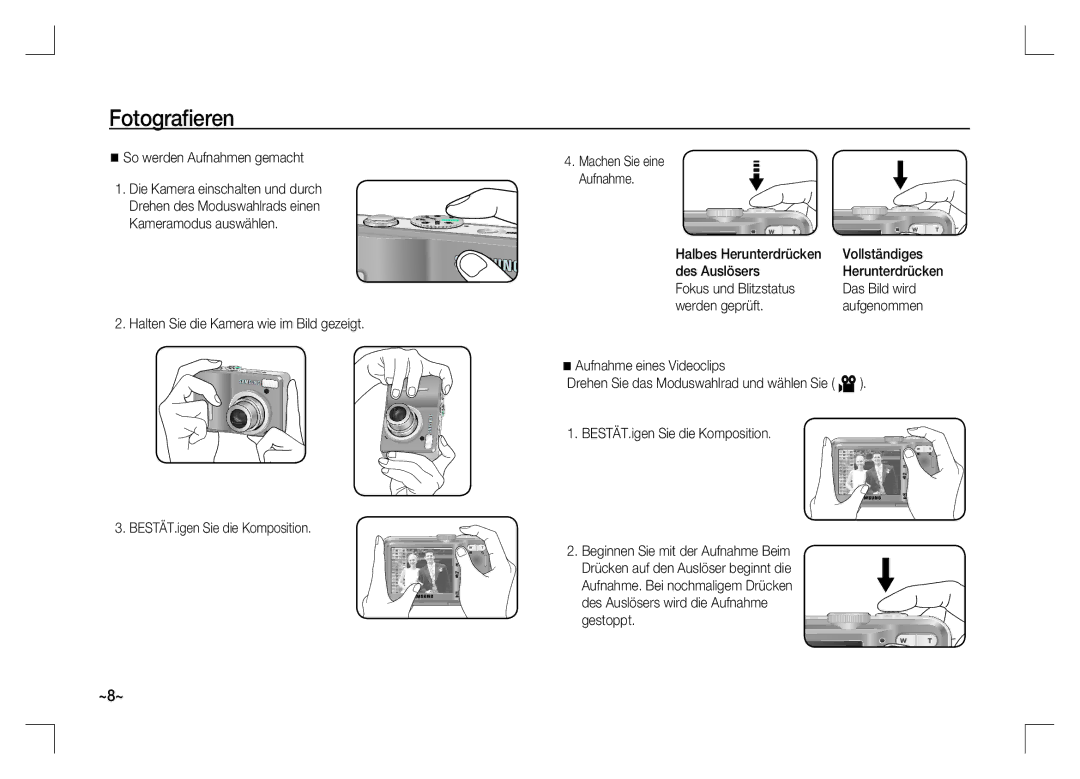 Samsung EC-S1060BBA/LV manual Fotograﬁeren, So werden Aufnahmen gemacht, Halbes Herunterdrücken Vollständiges Des Auslösers 