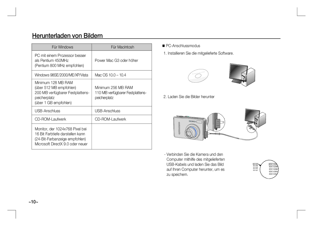 Samsung EC-S1060BDA/E3 Herunterladen von Bildern, Für Windows Für Macintosh, Als Pentium 450MHz Power Mac G3 oder höher 