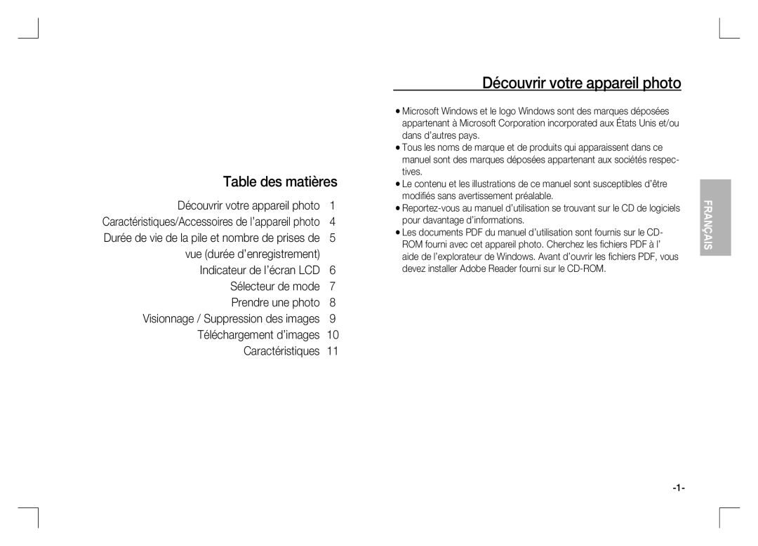 Samsung EC-S1060BBA/FR, EC-S1060BDA/E3, EC-S1060SDA/E3, EC-S1060SBA/E2 Découvrir votre appareil photo, Table des matières 