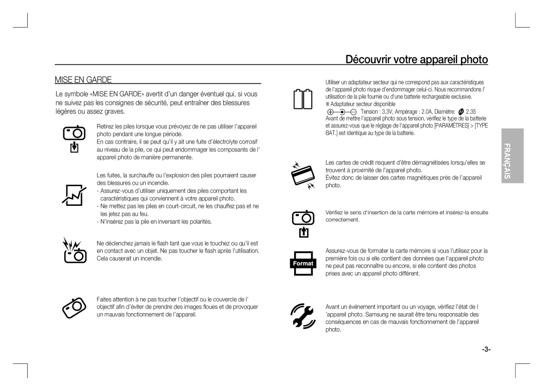 Samsung EC-S1060SBB/E1, EC-S1060BDA/E3, EC-S1060SDA/E3, EC-S1060SBA/E2 manual Mise EN Garde, Adaptateur secteur disponible 