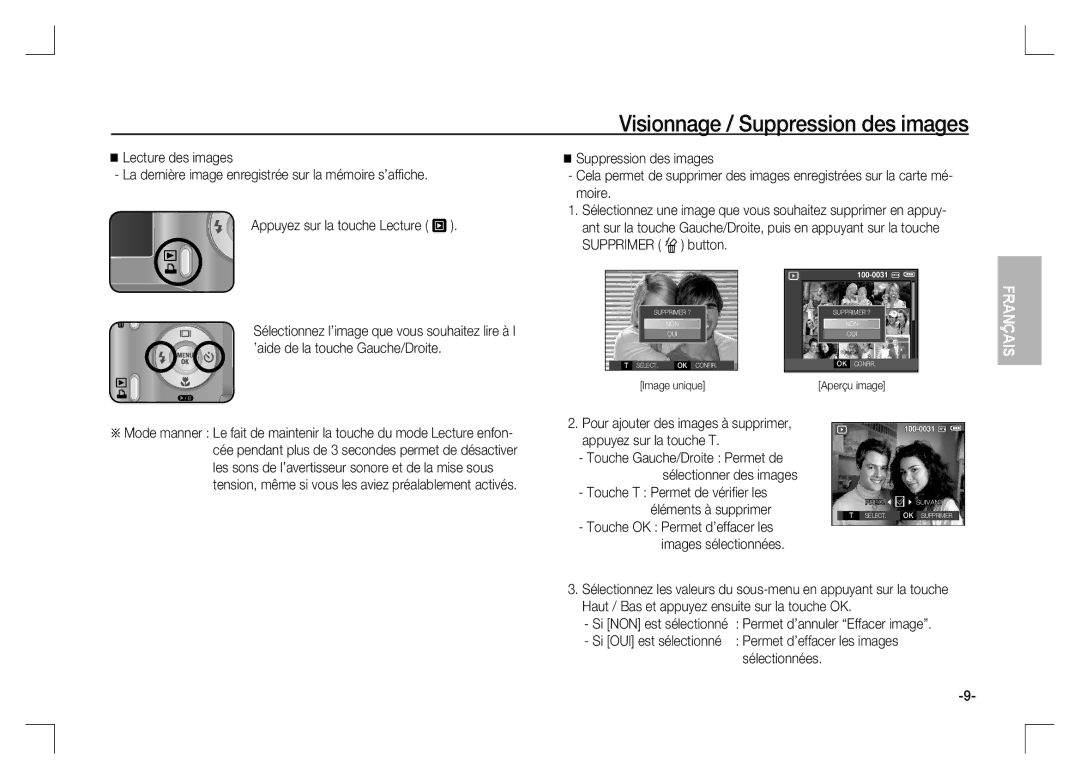 Samsung EC-S1060BDB/AS, EC-S1060BDA/E3, EC-S1060SDA/E3, EC-S1060SBA/E2, EC-S1060S01KFR Visionnage / Suppression des images 