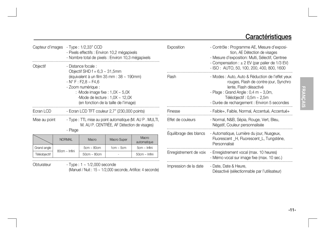 Samsung EC-S1060SDA/AS Type 1/2,33 CCD Exposition, Objectif Distance focale, F2,8 ~ F4,6, Mise au point, Effet de couleurs 