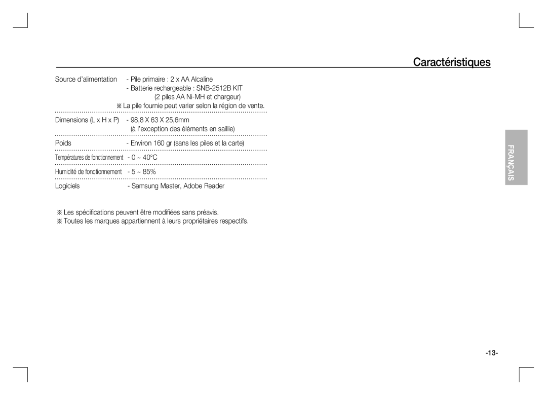 Samsung EC-S1060SBA/VN, EC-S1060BDA/E3, EC-S1060SDA/E3 manual Source d’alimentation Pile primaire 2 x AA Alcaline, Poids 