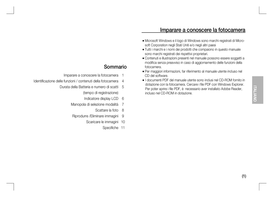 Samsung EC-S1060BBB/RU, EC-S1060BDA/E3, EC-S1060SDA/E3, EC-S1060SBA/E2 manual Imparare a conoscere la fotocamera, Sommario 