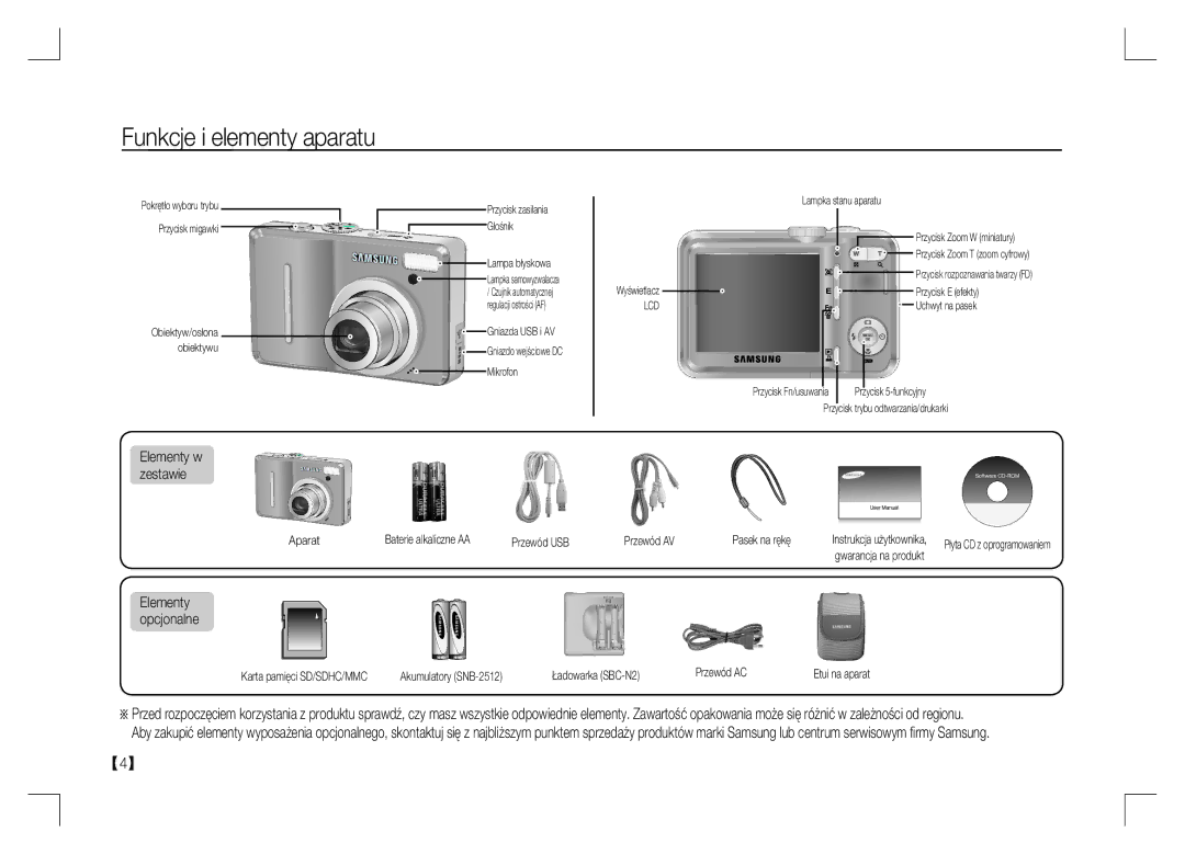 Samsung EC-S1060BDB/AS, EC-S1060BDA/E3, EC-S1060SDA/E3, EC-S1060SBA/E2 manual Funkcje i elementy aparatu, Elementy w zestawie 