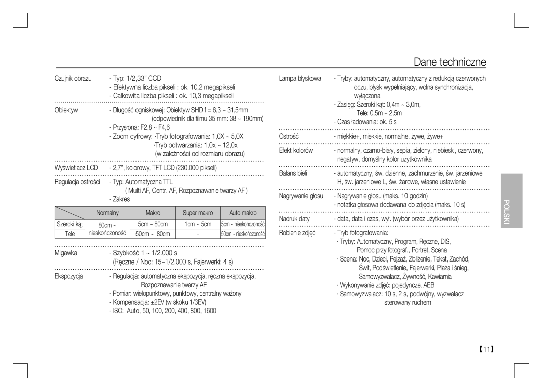 Samsung EC-S1060SBA/RU, EC-S1060BDA/E3, EC-S1060SDA/E3, EC-S1060SBA/E2, EC-S1060S01KFR, EC-S1060BBA/E2 manual Dane techniczne 