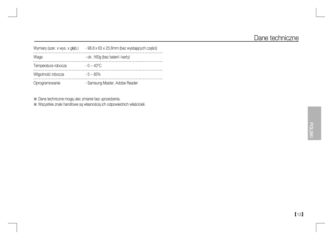 Samsung EC-S1060SBB/RU, EC-S1060BDA/E3, EC-S1060SDA/E3, EC-S1060SBA/E2, EC-S1060S01KFR, EC-S1060BBA/E2 manual Dane techniczne 