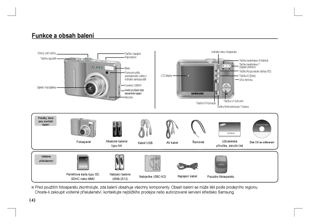 Samsung EC-S1060BBA/E2, EC-S1060BDA/E3, EC-S1060SDA/E3, EC-S1060SBA/E2, EC-S1060S01KFR, EC-S1060SBA/FR Funkce a obsah balení 