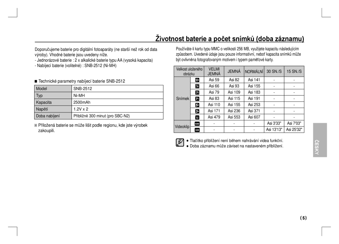 Samsung EC-S1060SBA/FR, EC-S1060BDA/E3, EC-S1060SDA/E3 Životnost baterie a počet snímků doba záznamu, 30 SN./S 15 SN./S 