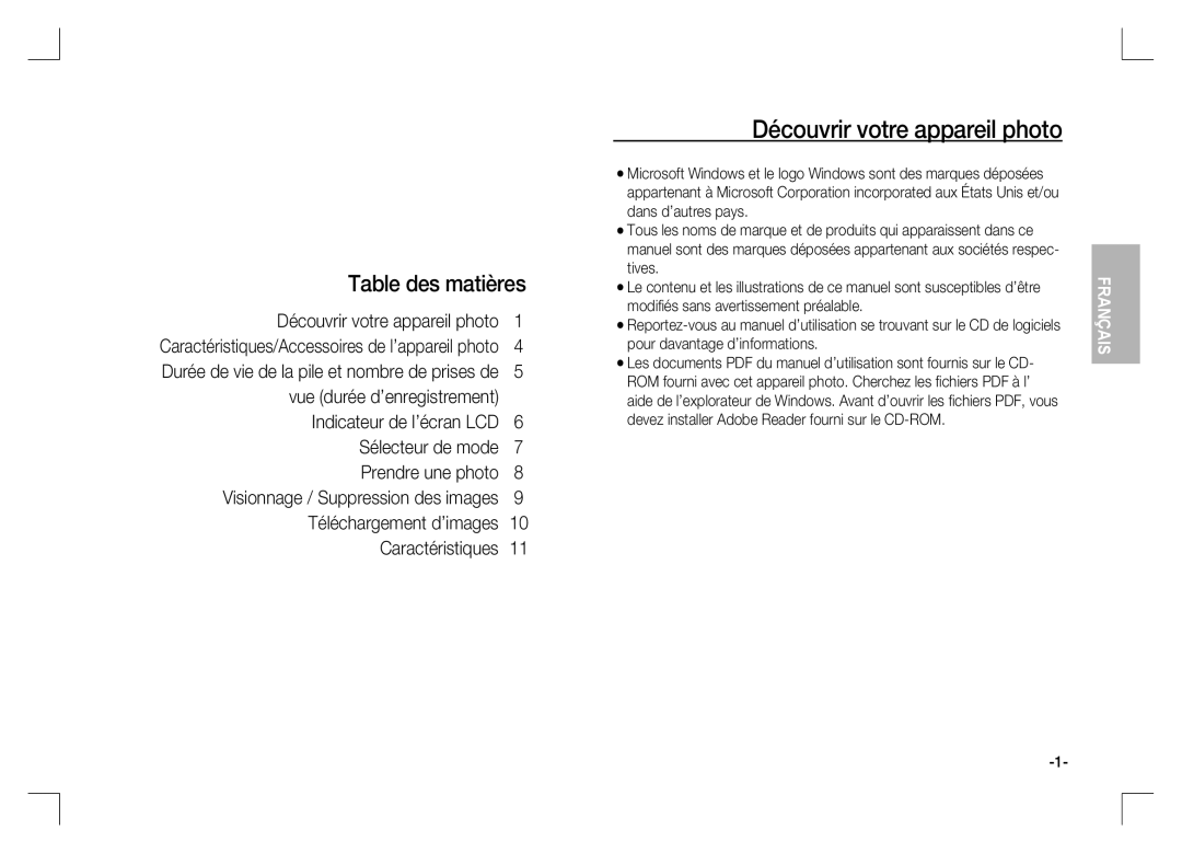 Samsung EC-S1060BBA/VN, EC-S1060BDA/E3, EC-S1060SDA/E3, EC-S1060SBA/E2 Découvrir votre appareil photo, Table des matières 