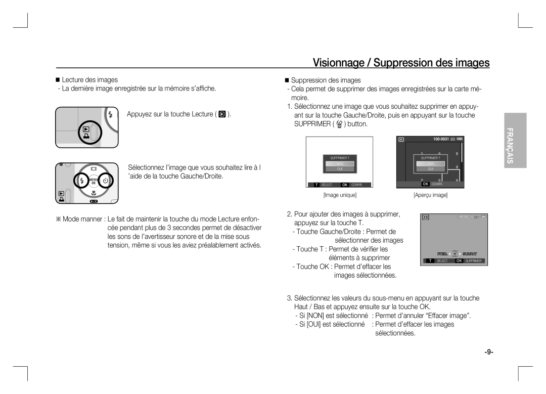 Samsung EC-S1060SBA/LV, EC-S1060BDA/E3, EC-S1060SDA/E3, EC-S1060SBA/E2 manual Visionnage / Suppression des images, Français 