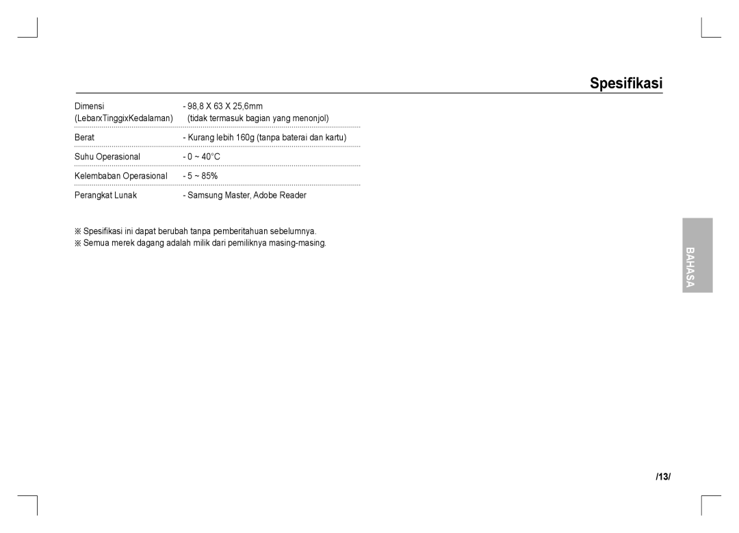 Samsung EC-S1060SBB/RU, EC-S1060BDA/E3, EC-S1060SDA/E3, EC-S1060SBA/E2, EC-S1060S01KFR manual Dimensi 98,8 X 63 X 25,6mm, Berat 