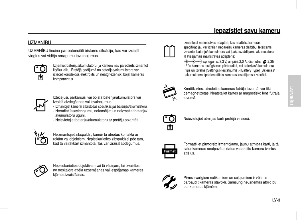 Samsung EC-S1060SBB/E1, EC-S1060BDA/E3, EC-S1060SDA/E3, EC-S1060SBA/E2 manual Uzmanību, Pieejamais maiņstrāvas adapteris 