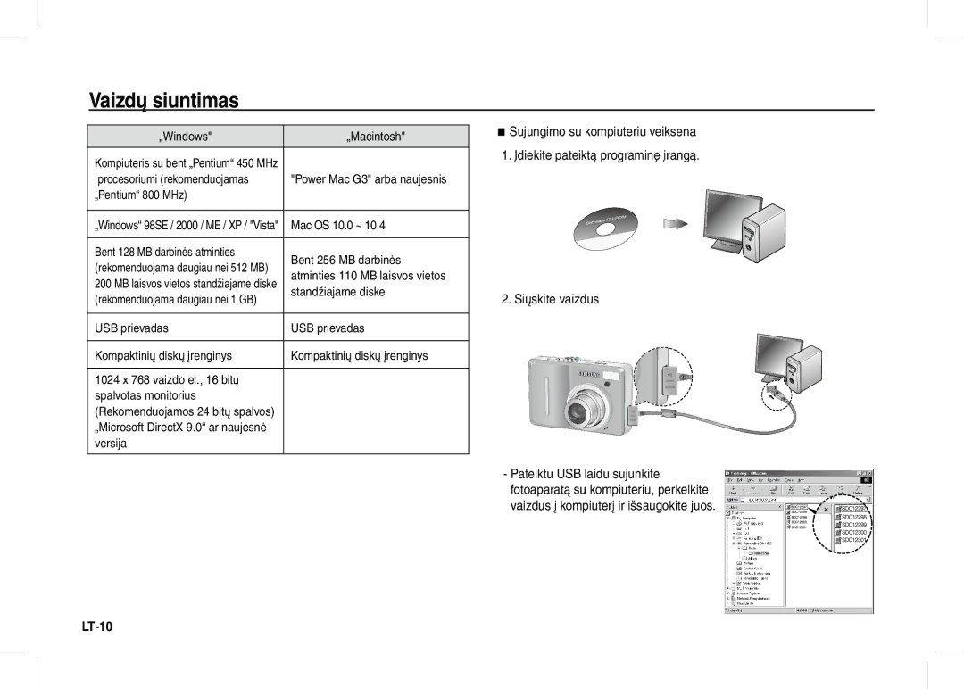 Samsung EC-S1060SBA/FR manual Vaizdų siuntimas, „Windows „Macintosh, Bent 128 MB darbinės atminties Bent 256 MB darbinės 