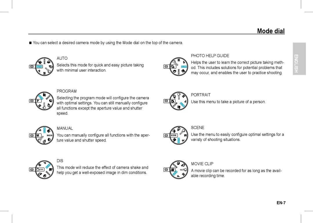 Samsung EC-S1060BBC/E1, EC-S1060BDA/E3, EC-S1060SDA/E3 manual Mode dial, Use this menu to take a picture of a person 