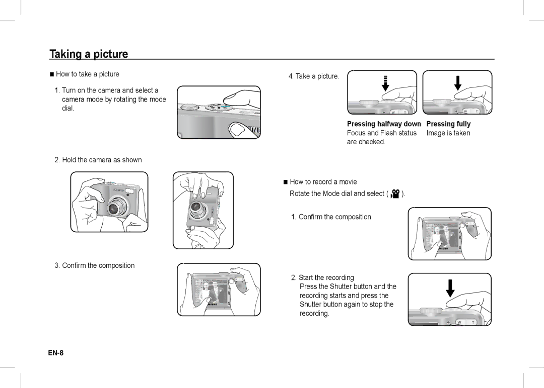 Samsung EC-S1060SBB/E1, EC-S1060BDA/E3, EC-S1060SDA/E3, EC-S1060SBA/E2, EC-S1060S01KFR, EC-S1060BBA/E2 manual Taking a picture 