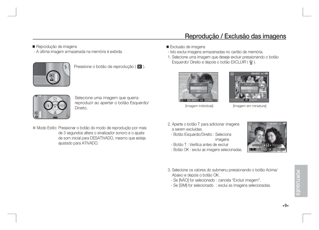 Samsung EC-S1065SBA/FR manual Reprodução / Exclusão das imagens, Aperte o botão T para adicionar imagens a serem excluídas 