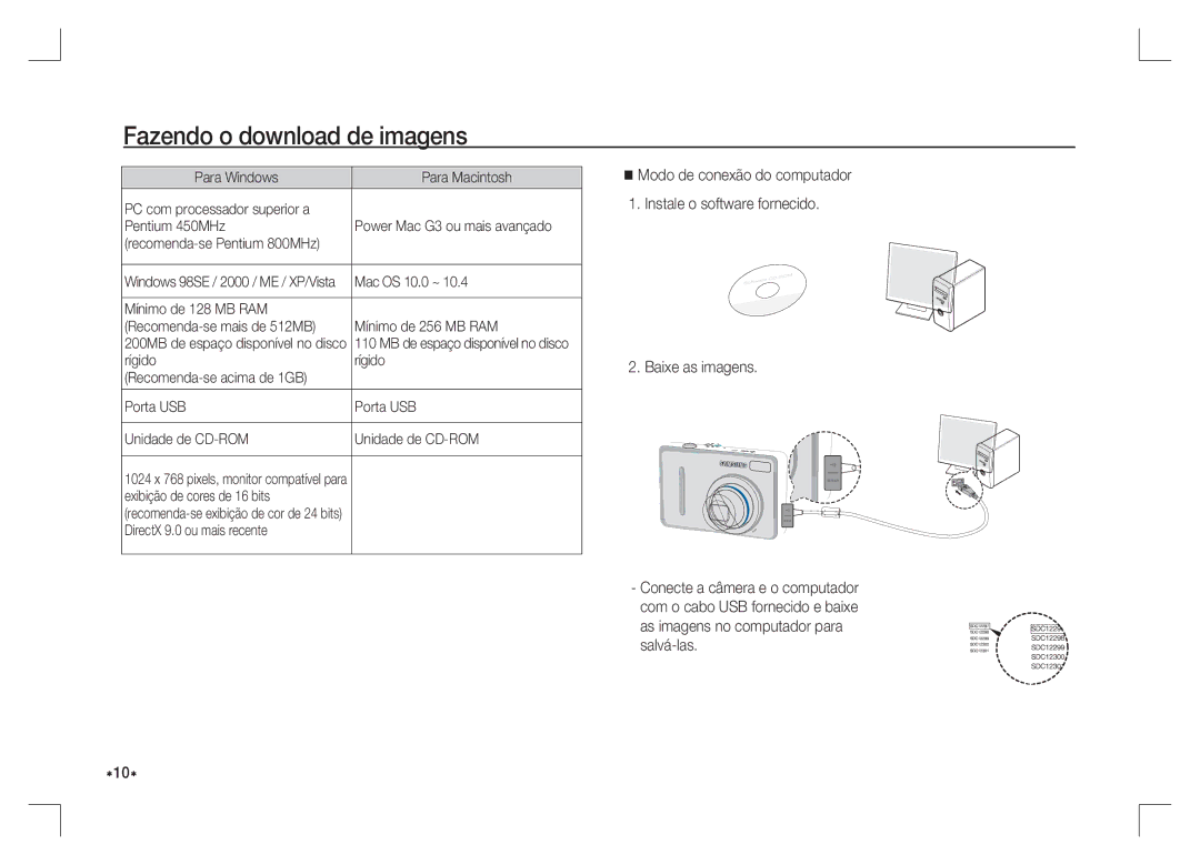 Samsung EC-S1065PBA/FR manual Fazendo o download de imagens, Exibição de cores de 16 bits, DirectX 9.0 ou mais recente 