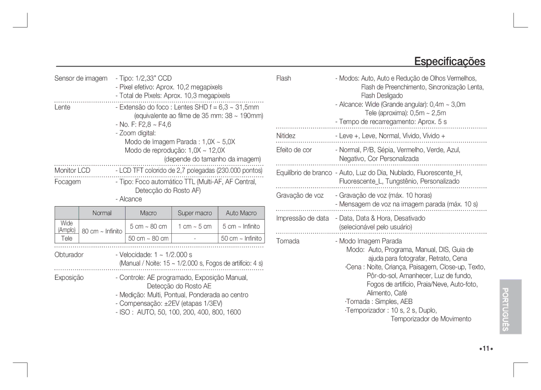 Samsung EC-S1065SBA/FR, EC-S1065PBA/FR manual Especiﬁcações 