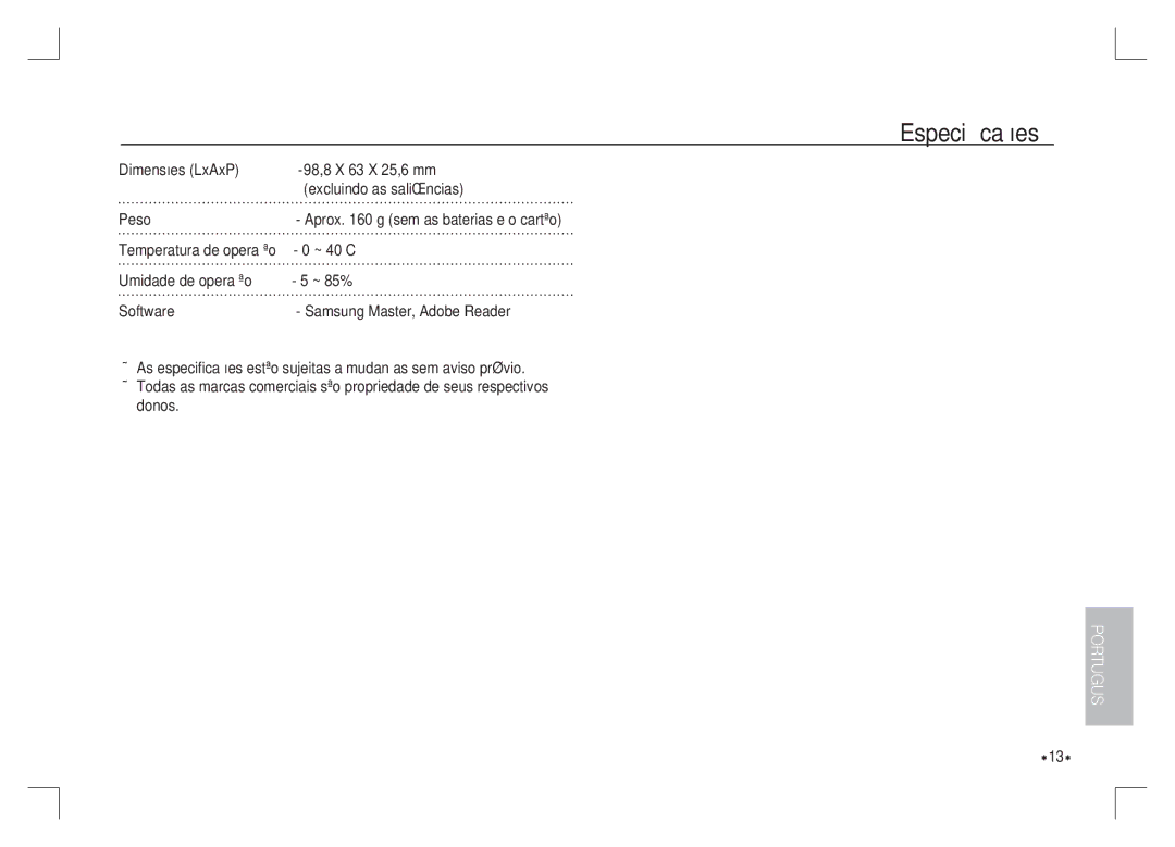 Samsung EC-S1065SBA/FR, EC-S1065PBA/FR manual ~ 40C, Temperatura de operação 