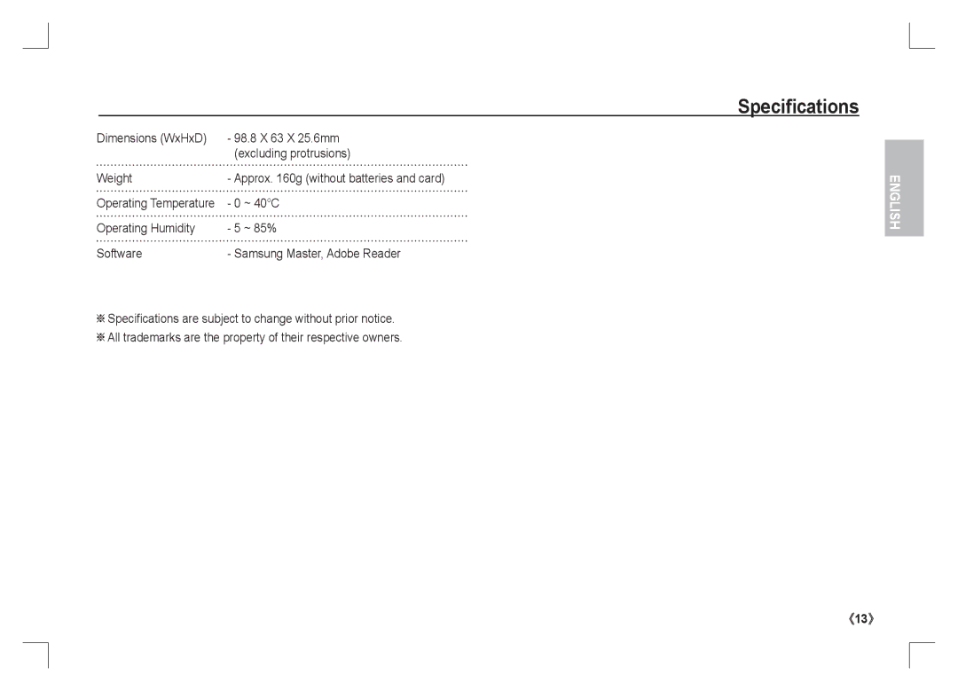 Samsung EC-S1065SBA/FR, EC-S1065PBA/FR manual ~ 40C, Operating Temperature 