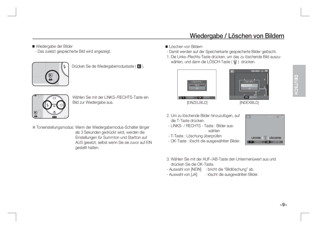 Samsung EC-S1065SBA/FR, EC-S1065PBA/FR manual Wiedergabe / Löschen von Bildern, Taste Löschung überprüfen, Auswahl von JA 