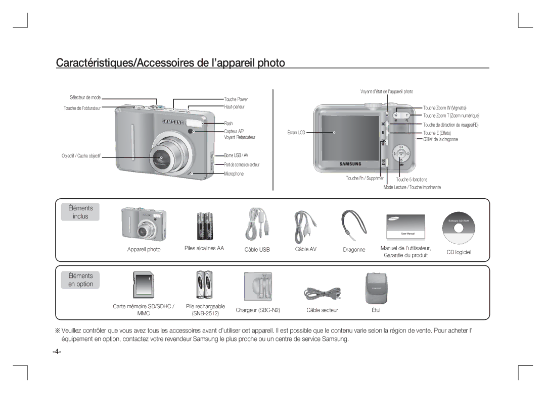 Samsung EC-S1065PBA/FR manual Caractéristiques/Accessoires de l’appareil photo, Éléments Inclus, Éléments en option 