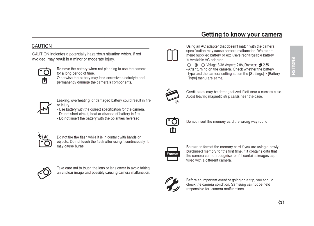 Samsung EC-S1065SBA/FR, EC-S1065PBA/FR manual Available AC adapter, Do not insert the memory card the wrong way round 