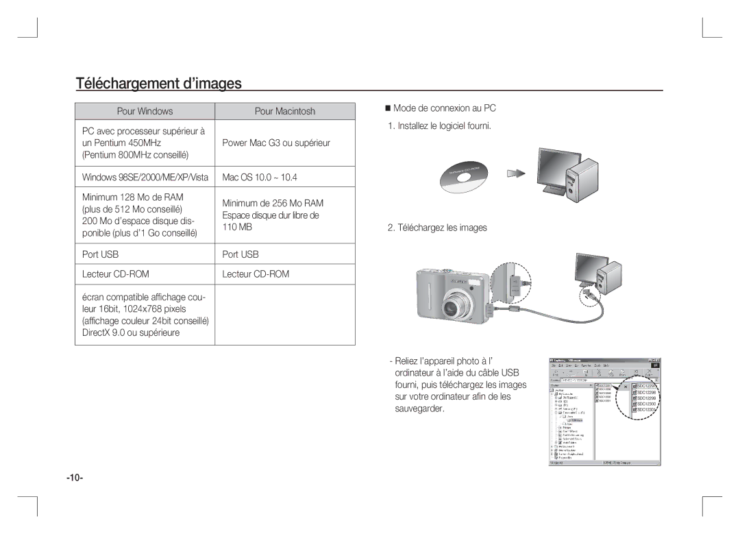 Samsung EC-S1065PBA/FR manual Téléchargement d’images, Pour Windows Pour Macintosh, Mac OS 10.0 ~, Port USB Lecteur CD-ROM 