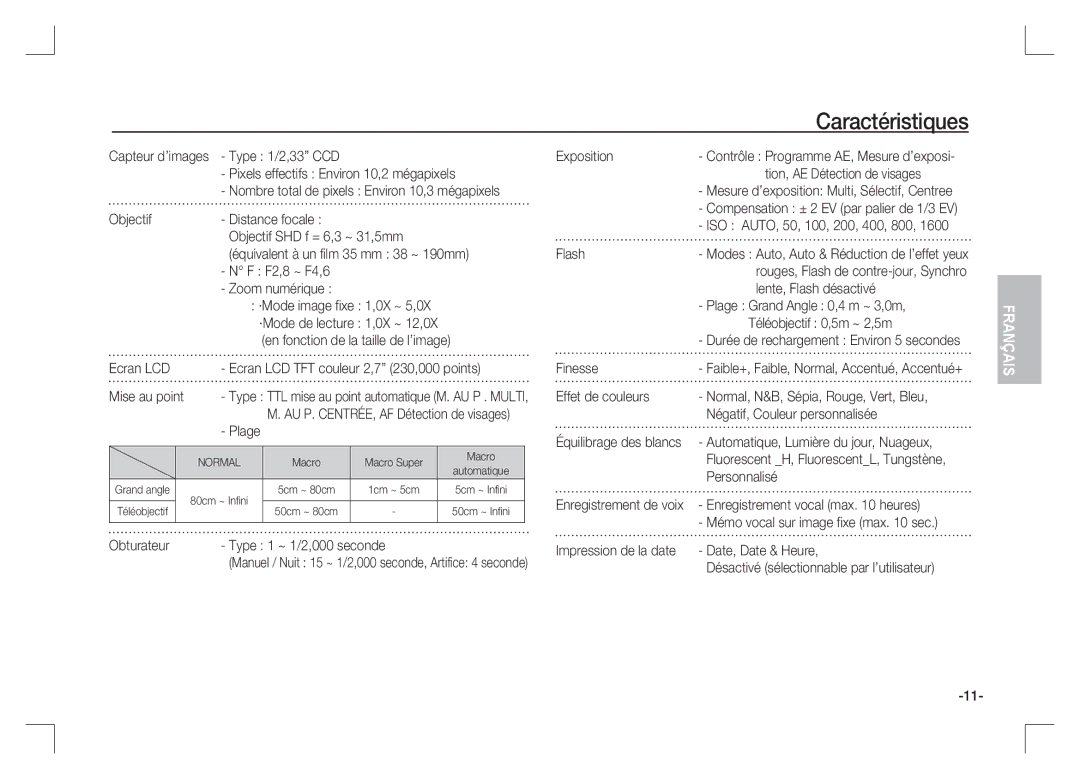 Samsung EC-S1065SBA/FR Type 1/2,33 CCD Exposition, Objectif Distance focale, F2,8 ~ F4,6, Mise au point, Effet de couleurs 