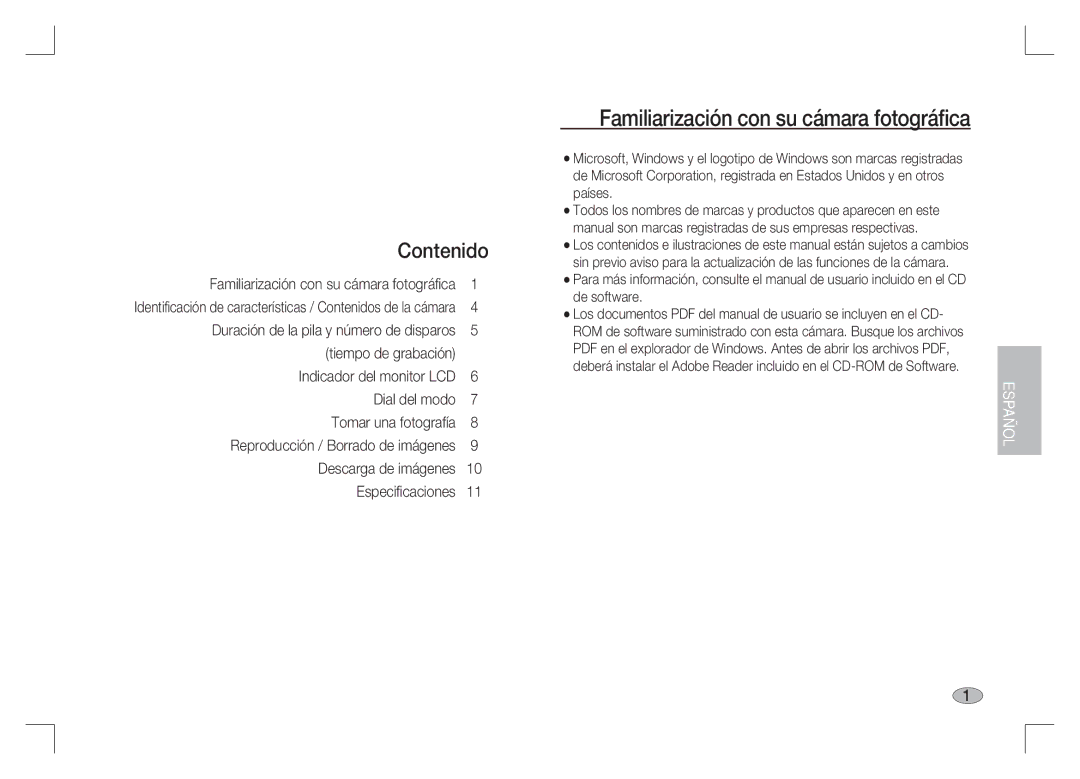 Samsung EC-S1065SBA/FR, EC-S1065PBA/FR manual Familiarización con su cámara fotográﬁca, Contenido 