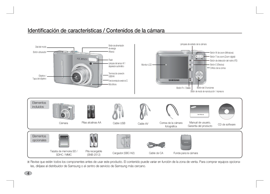 Samsung EC-S1065PBA/FR, EC-S1065SBA/FR Identiﬁcación de características / Contenidos de la cámara, Elementos opcionales 