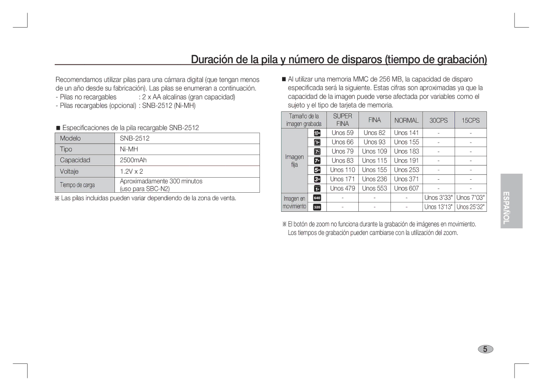 Samsung EC-S1065SBA/FR, EC-S1065PBA/FR manual Duración de la pila y número de disparos tiempo de grabación 