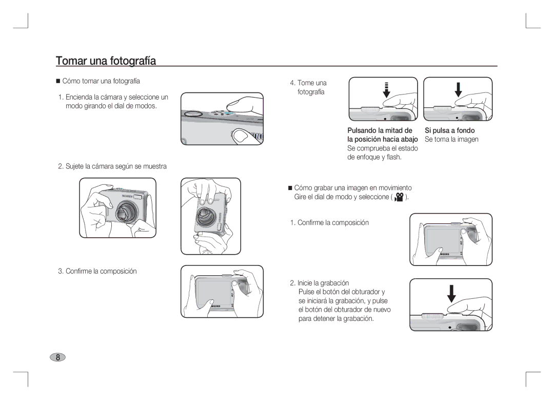 Samsung EC-S1065PBA/FR, EC-S1065SBA/FR manual Tomar una fotografía, Cómo tomar una fotografía, Pulsando la mitad de 