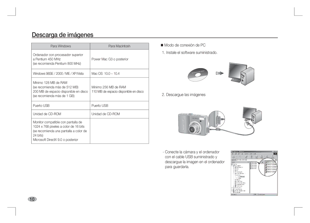 Samsung EC-S1065PBA/FR manual Descarga de imágenes, Para Windows Para Macintosh, Pentium 450 MHz Power Mac G3 o posterior 