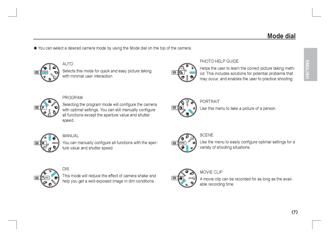 Samsung EC-S1065SBA/FR, EC-S1065PBA/FR manual Mode dial, Use this menu to take a picture of a person 